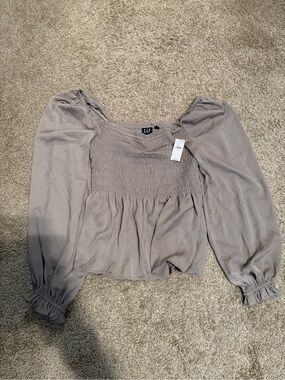 GAP Women's Taupe Smocked Square-Neck Peasant Blouse